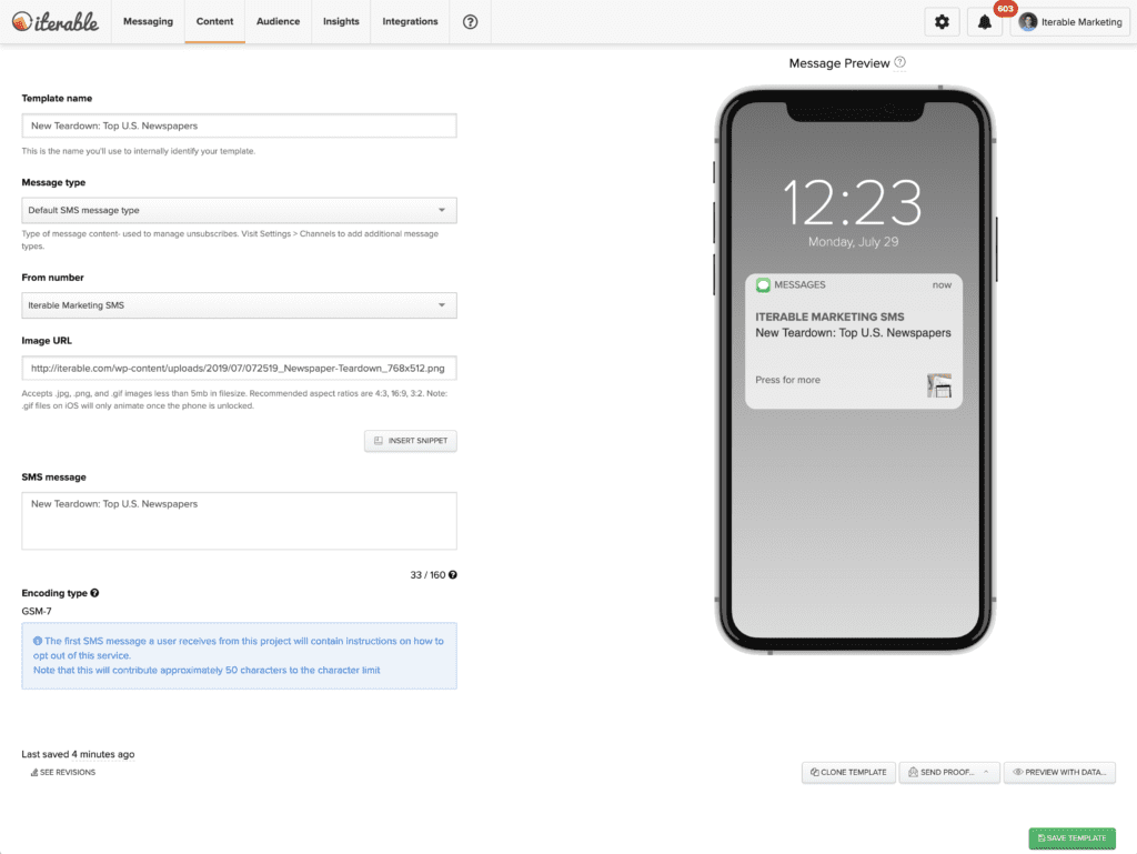 Iterable Platform SMS Creation