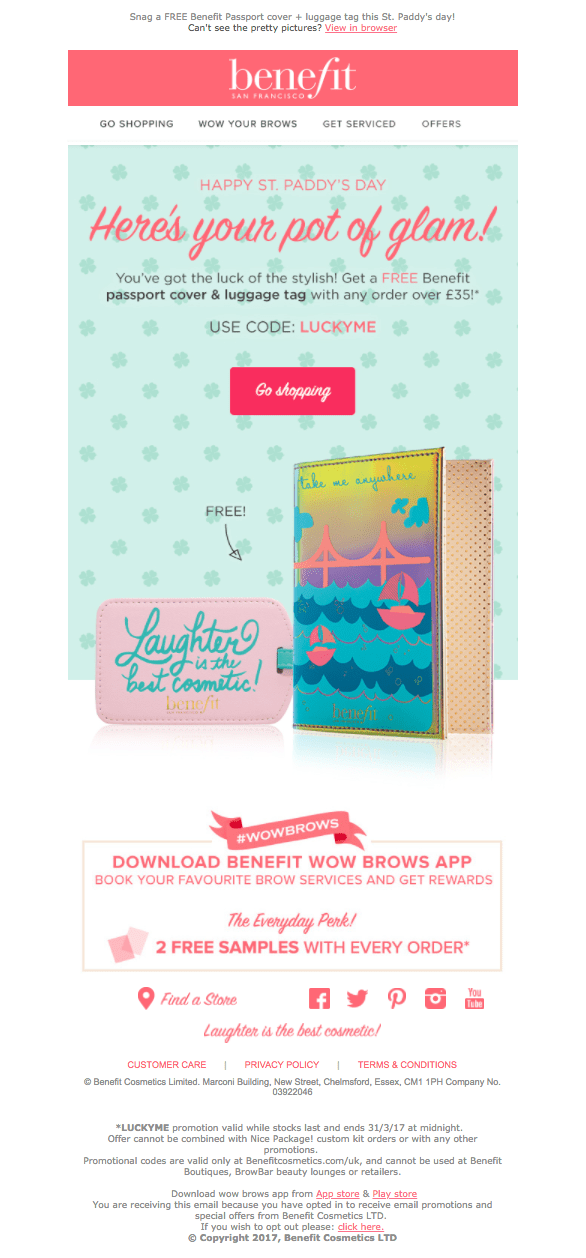 Screenshot of St. Patrick's Day email by Benefit Cosmetics