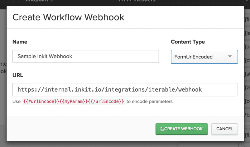 Screenshot of Inkit direct mail webhook in Iterable