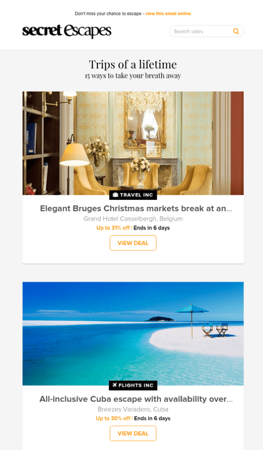 Secret Escapes personalization email screenshot