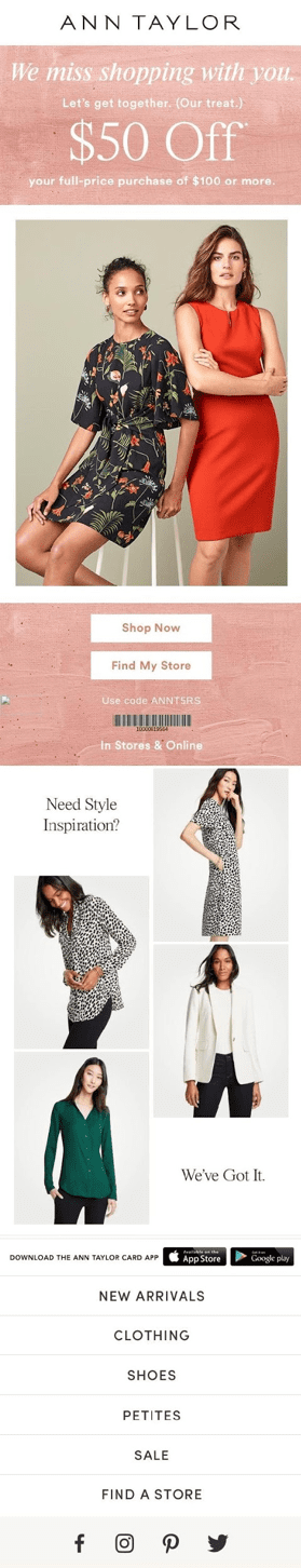 Ann Taylor win-back email for re-engagement segment