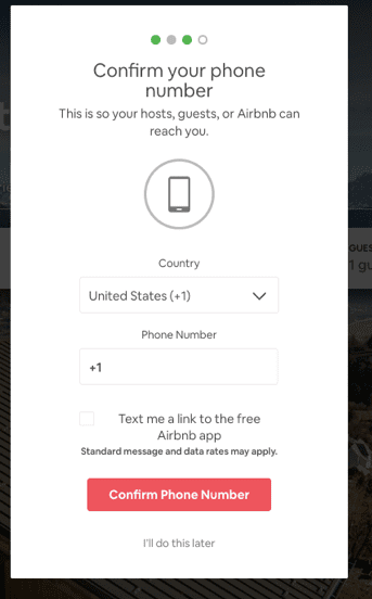 Airbnb post-click experience: Confirm phone number