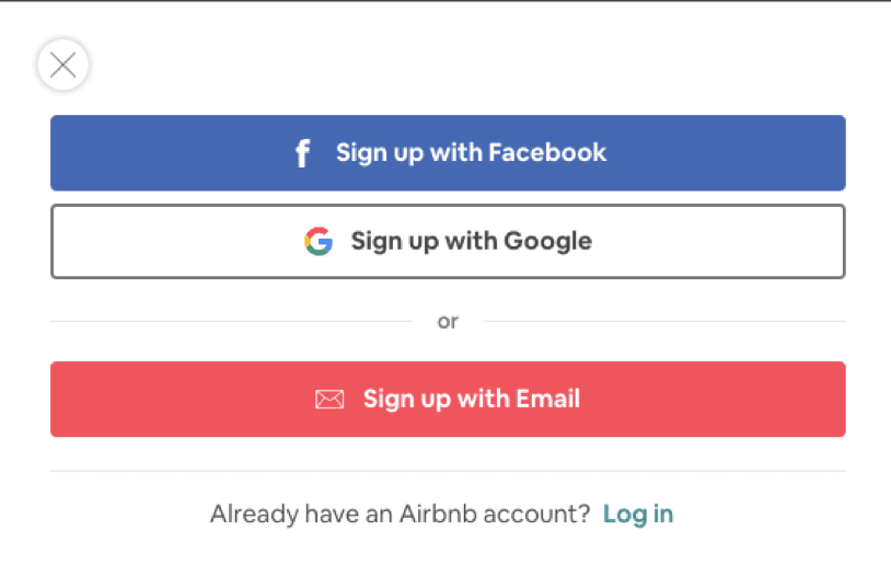 Airbnb post-click experience: Sign up options