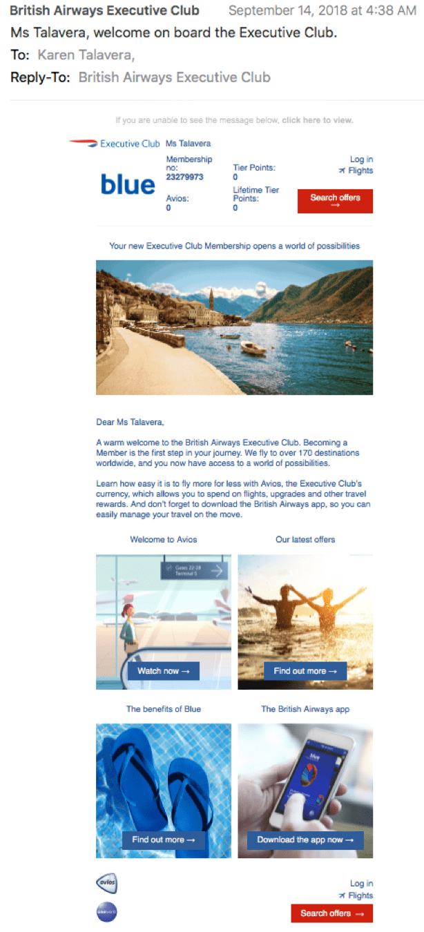 British Airways Executive Club Welcome Message