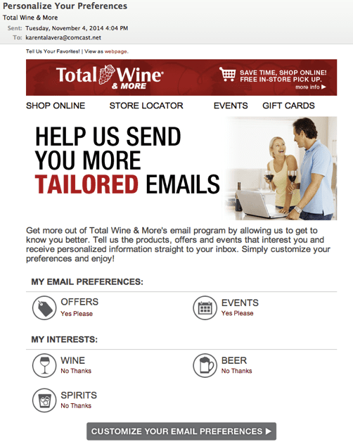 Total Wine & More “Personalize Your Preferences” Email