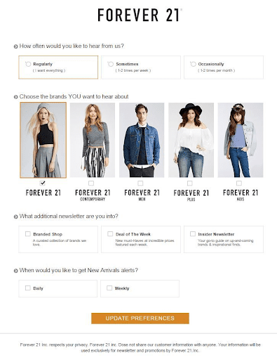 Forever21 Preference Center Example