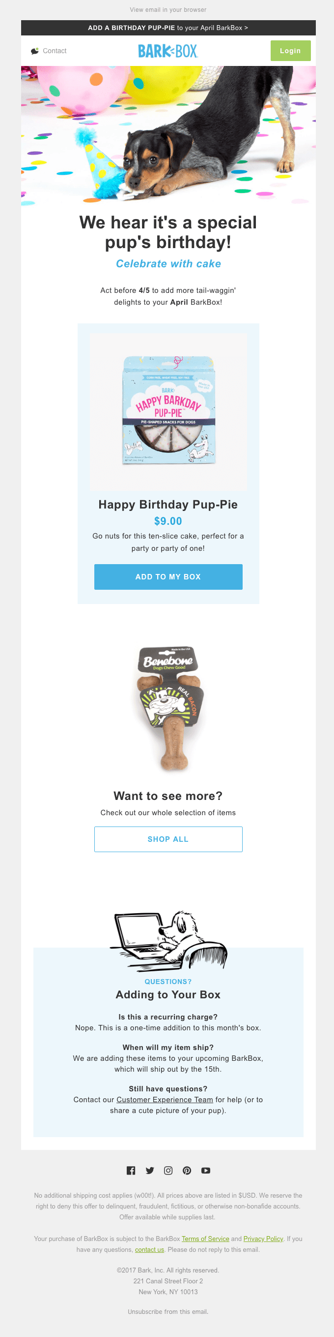 BarkBox birthday email