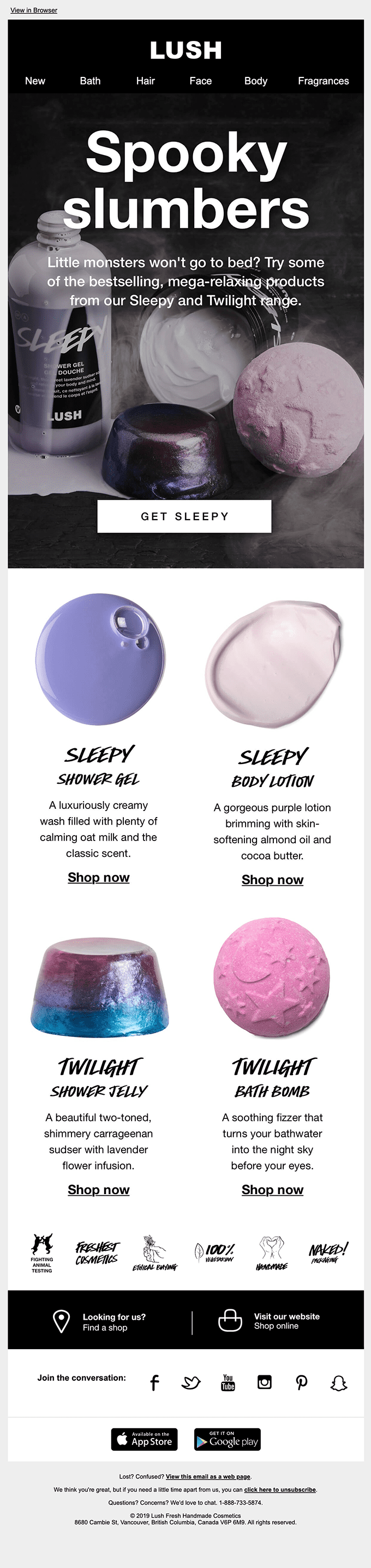 LUSH Spooky Slumbers Email combats celebration scarcity