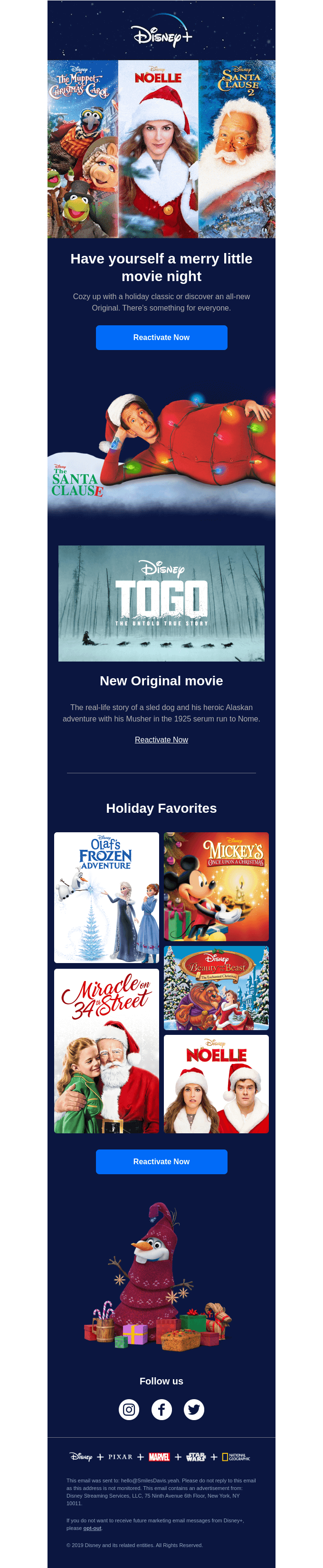 Celebration Scarcity: Disney+ Reactivation Holiday Email