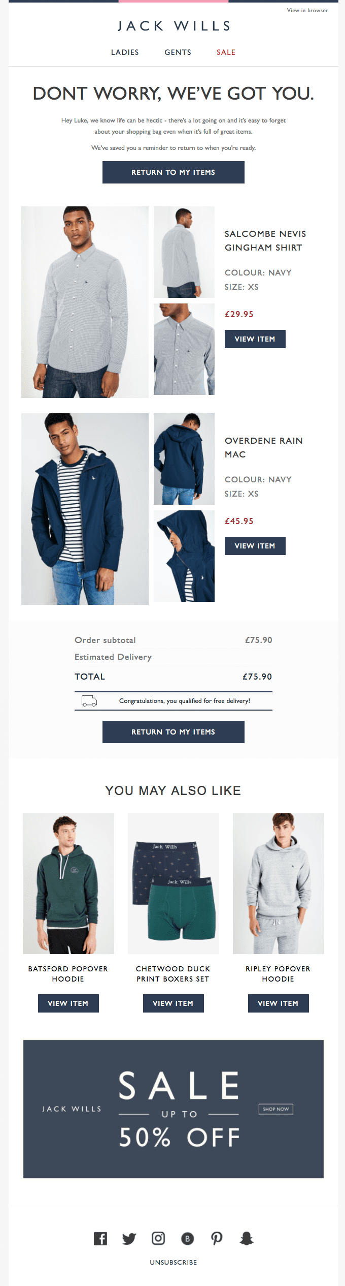 Jack Wills cart abandonment email campaign