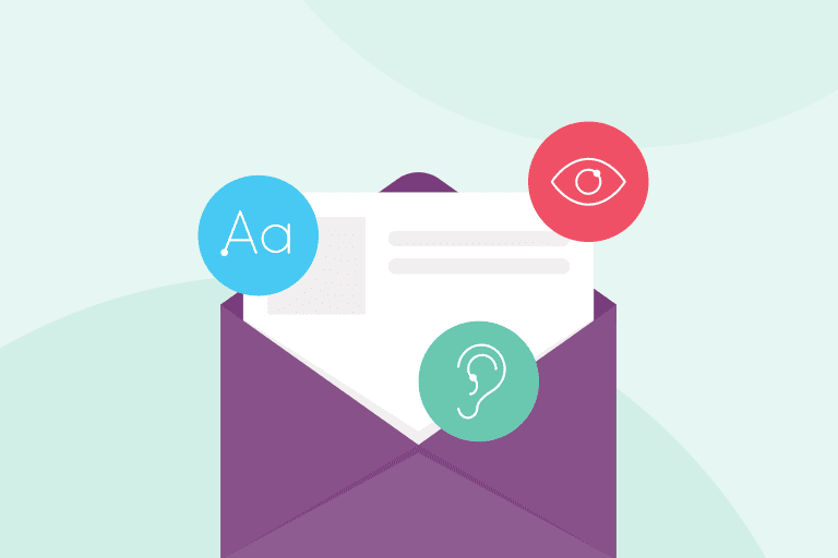 Email illustration and icons of eye, ear, and text to depict email accessibility