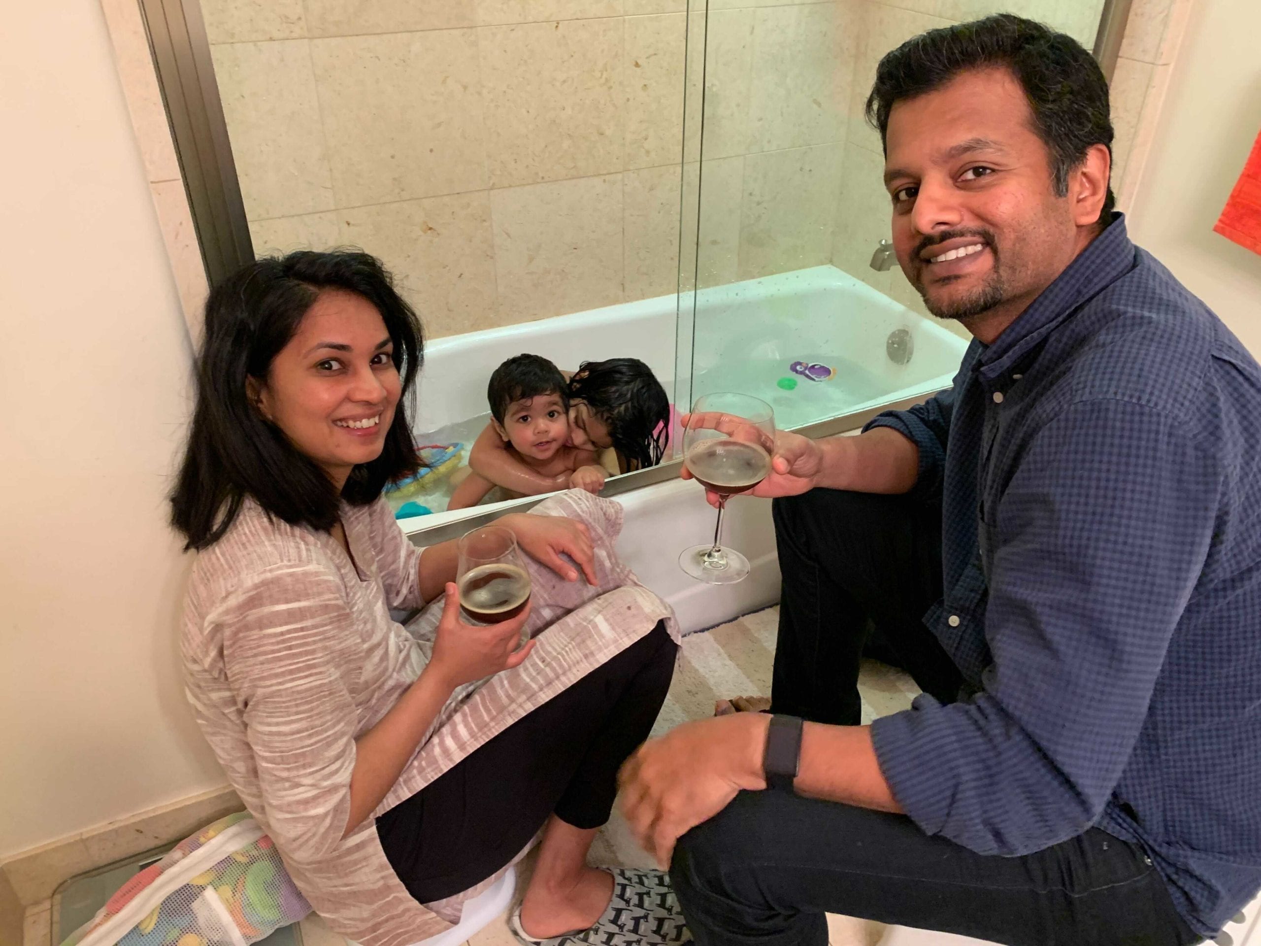 Krisha Reddy and family during bath time