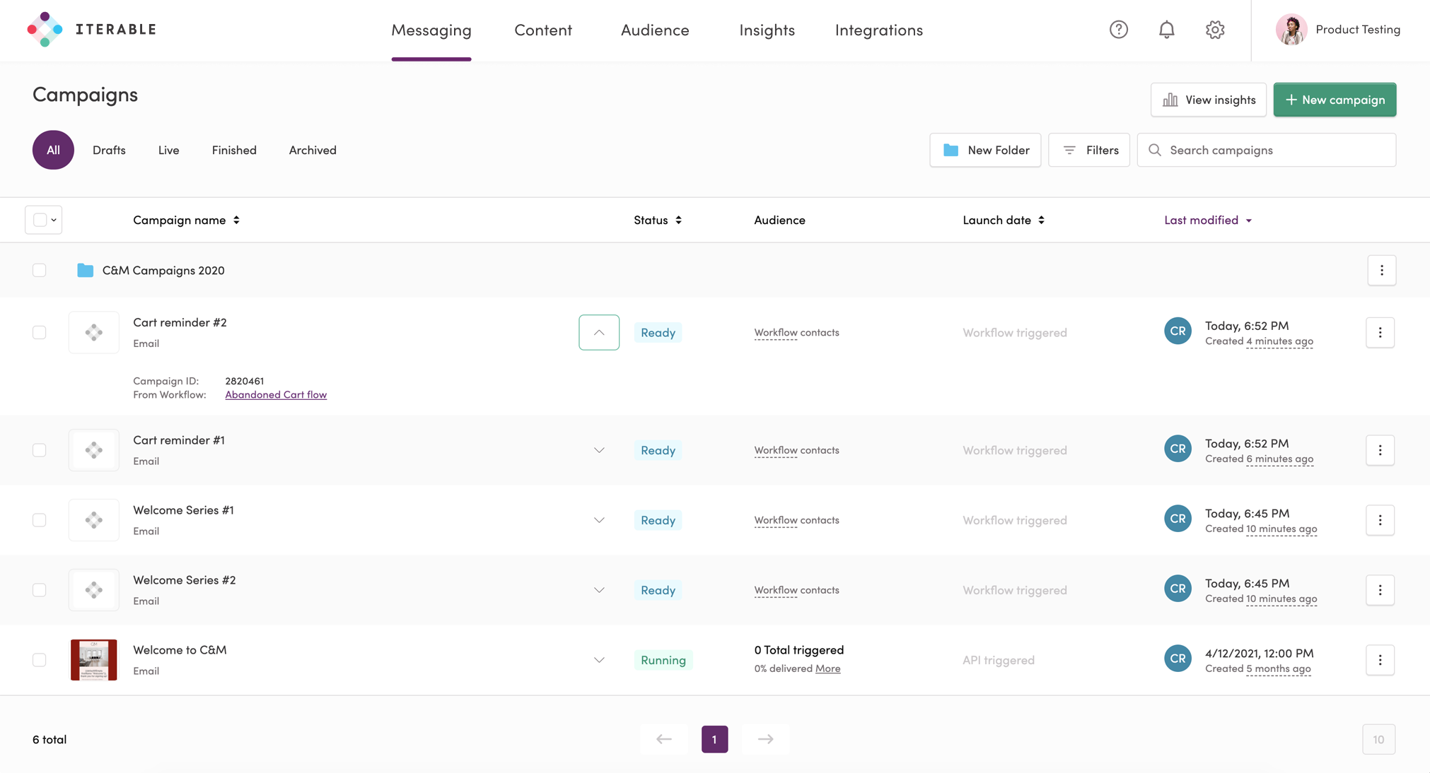 Iterable Aurora Campaigns Overview Page