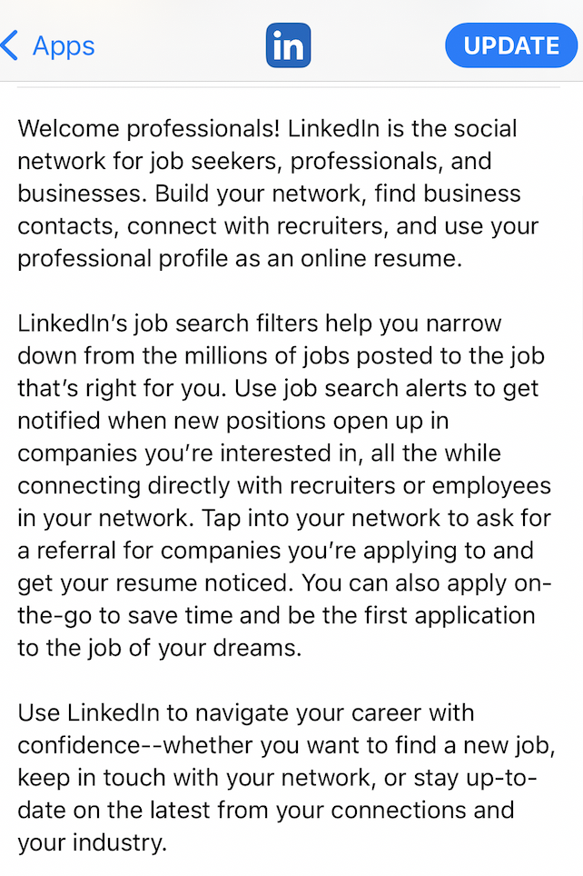 LinkedIn's app description for app store optimization