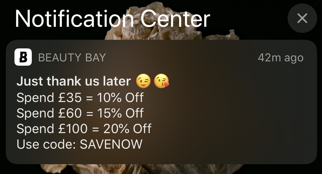 Beauty Bay promotional push notification