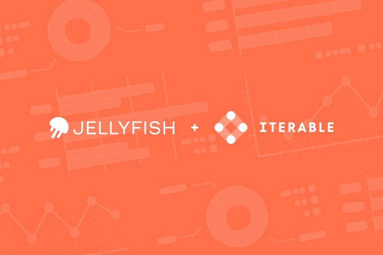 Orange background overlayed on data imagery with the Jellyfish and Iterable logo on top in white