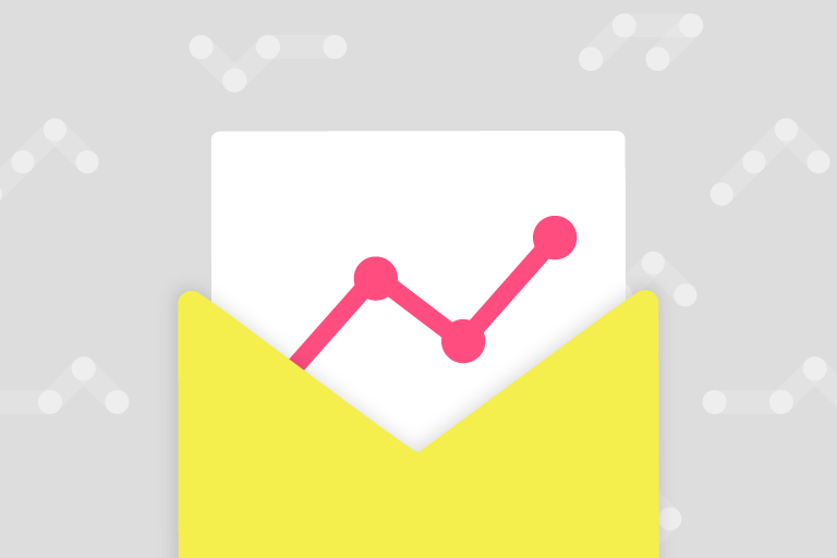 A yellow envelope is open with a white paper sticking out. On the paper is a red line graph going up to the right. The whole image is on a grey background with small iterations of Iterable's node logo in white.