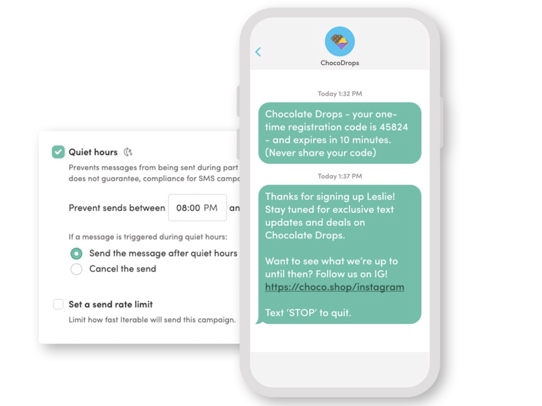 A phone screen with a sample SMS on the righthand side and on the left is what the Quiet Hours functionality looks like in the Iterable platform