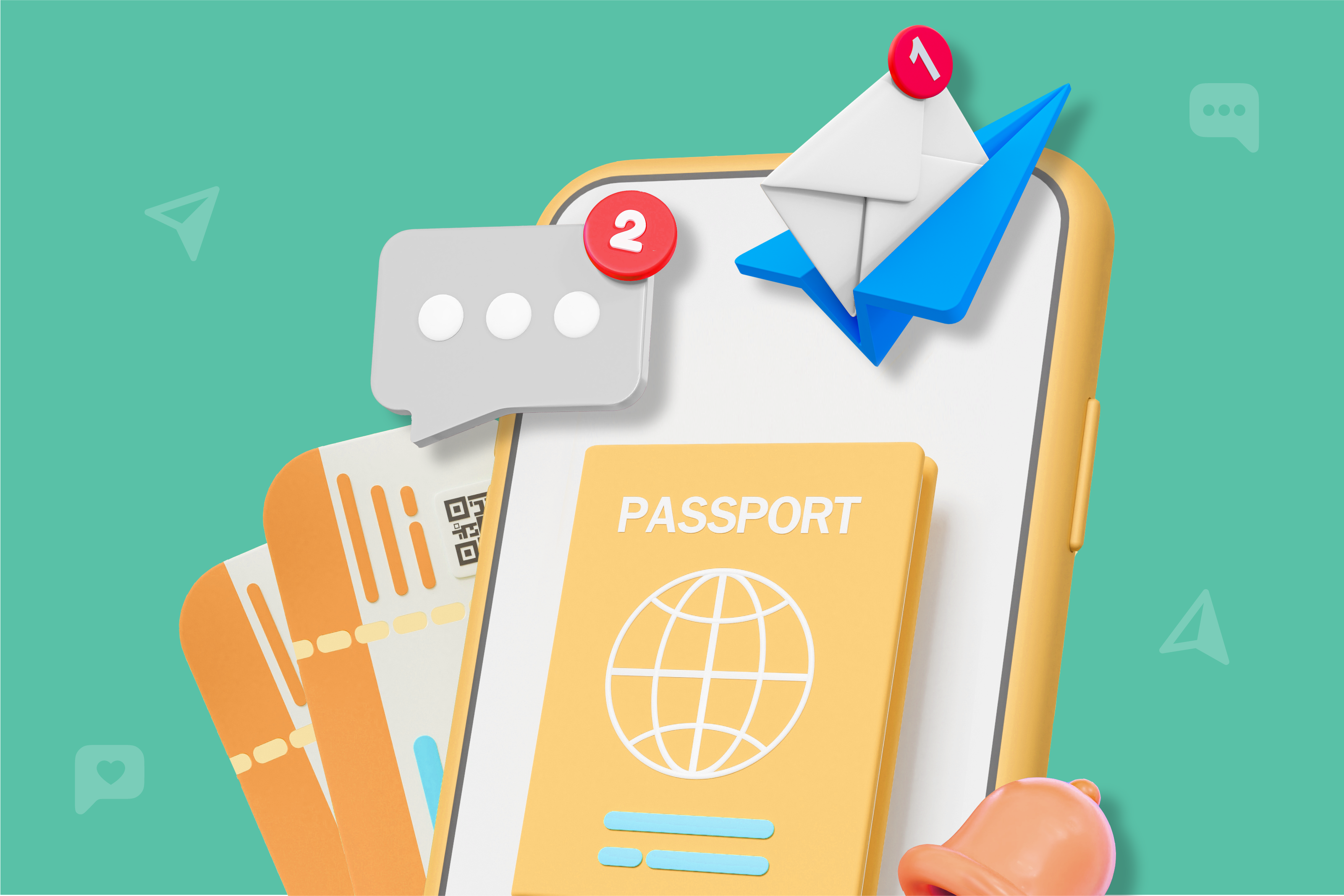 Stock illustration of a cell phone with passport, chat bubble, email icon and more emerging from the screen to appear 3D. Colors are yellows, teals, blues, and reds.