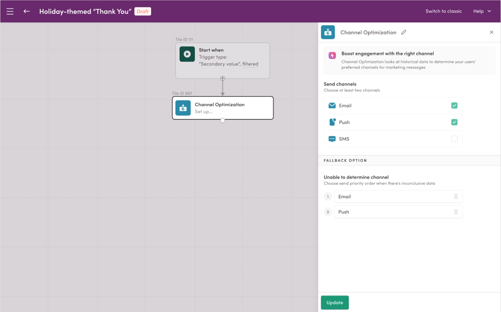 Screenshot of Iterable Studio interface showing the channel optimization tile