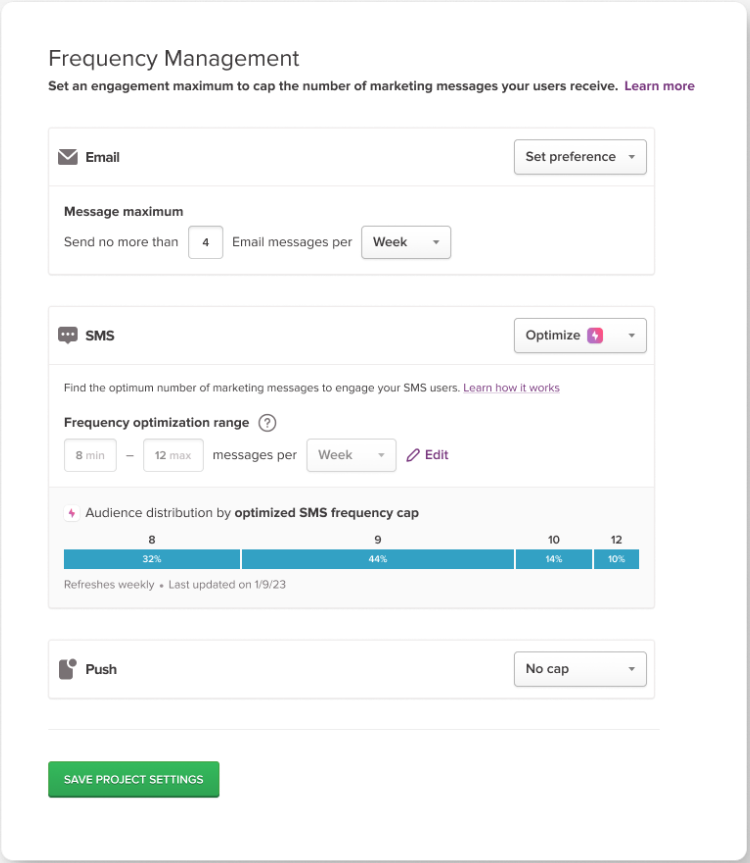 Screenshot of Iterable's frequency management screen showing the ability to select frequency caps for message types.