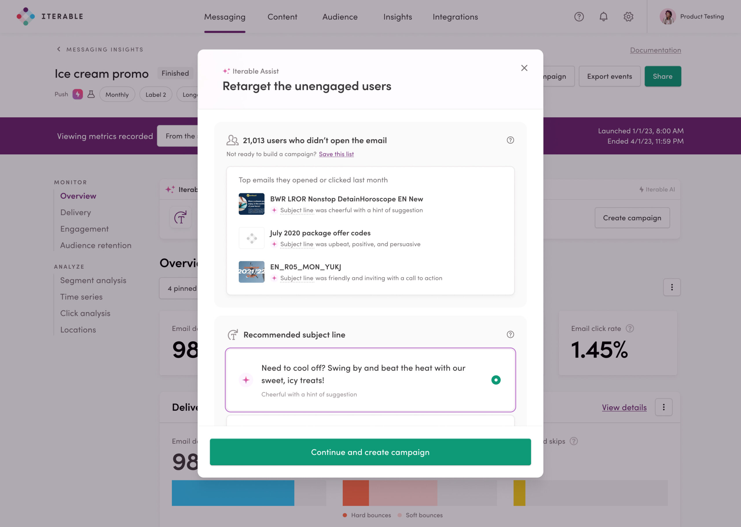 Screenshot of Iterable's Next Best Action functionality showing recommendations for disengaged users.