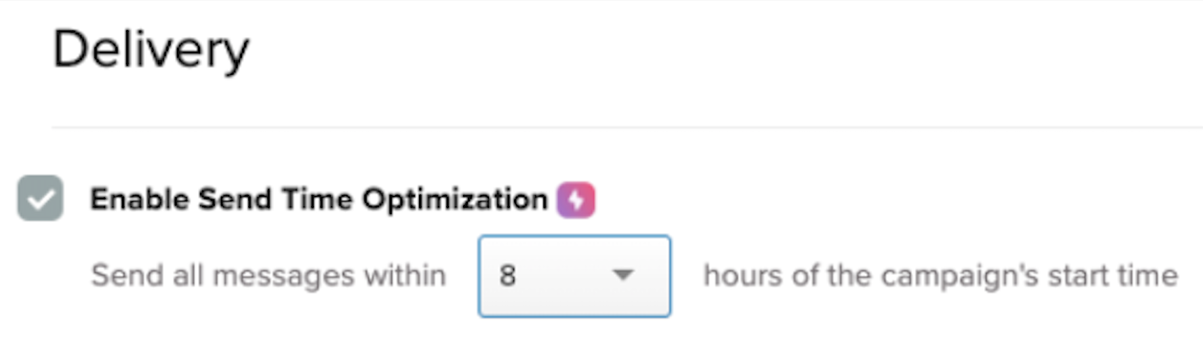 Screenshot of Iterable platform STO showing a checkbox for optimization