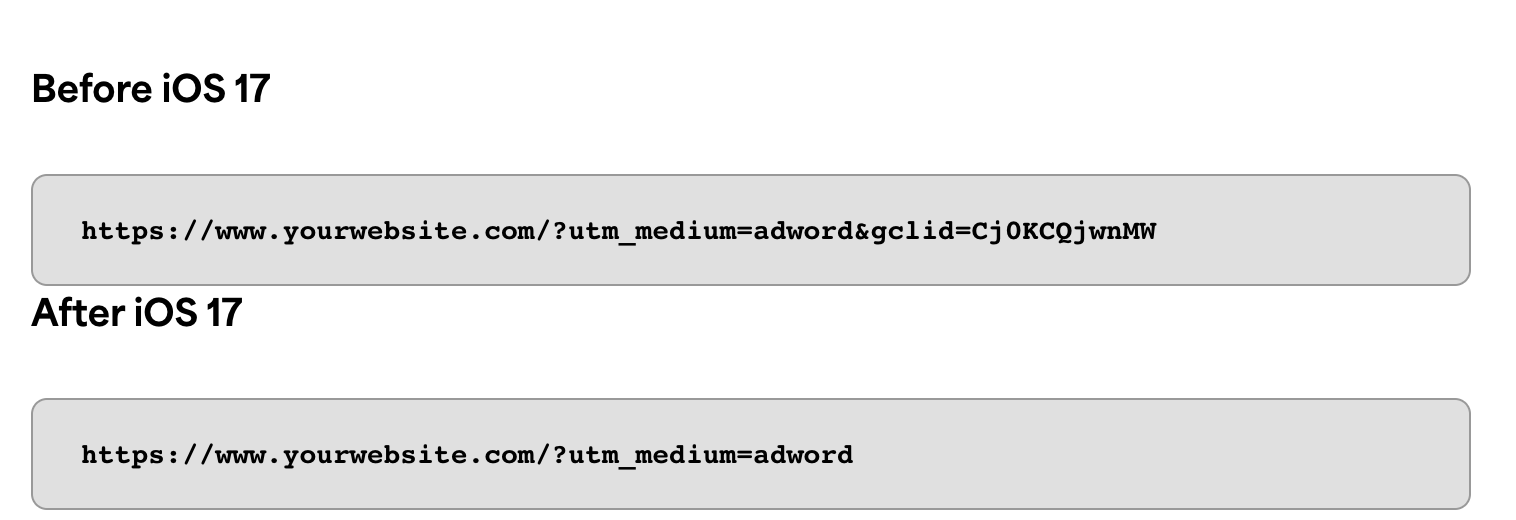 Screenshot showing a link with a full tracking parameter in tact. Then, post-iOs 17 the link is shown without the string of numbers at the end.