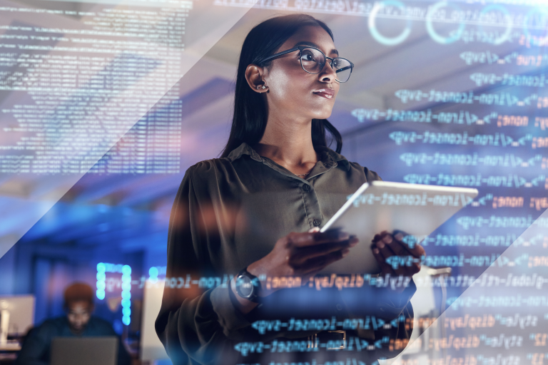 Photo of women holding a tablet with computer imagery layered on top.