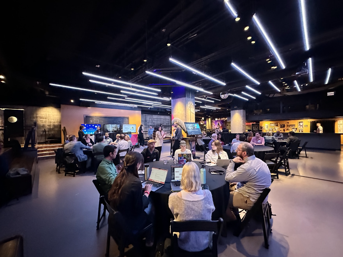 wide shot of conference room with lighting on ceiling visable