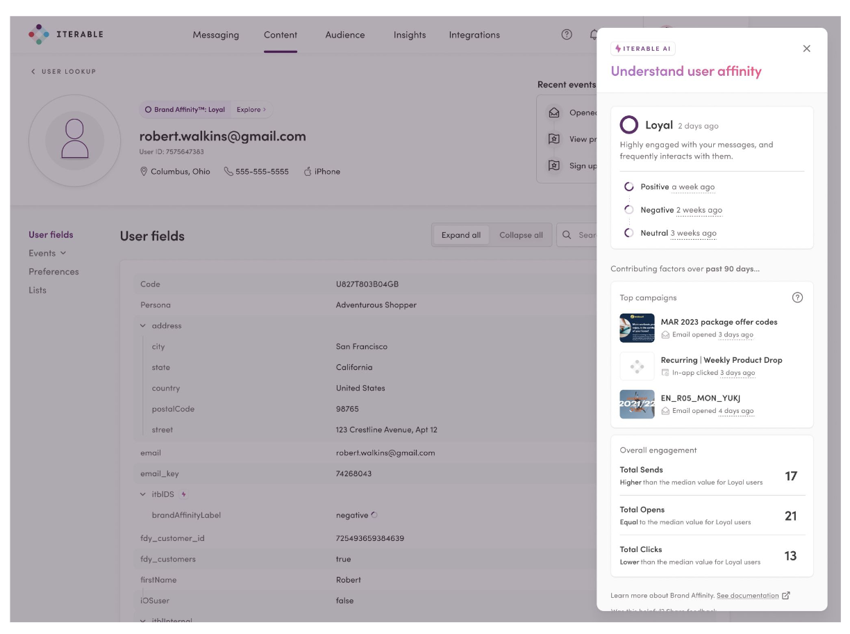 Screenshot of Iterable platform showing Brand Affinity in action