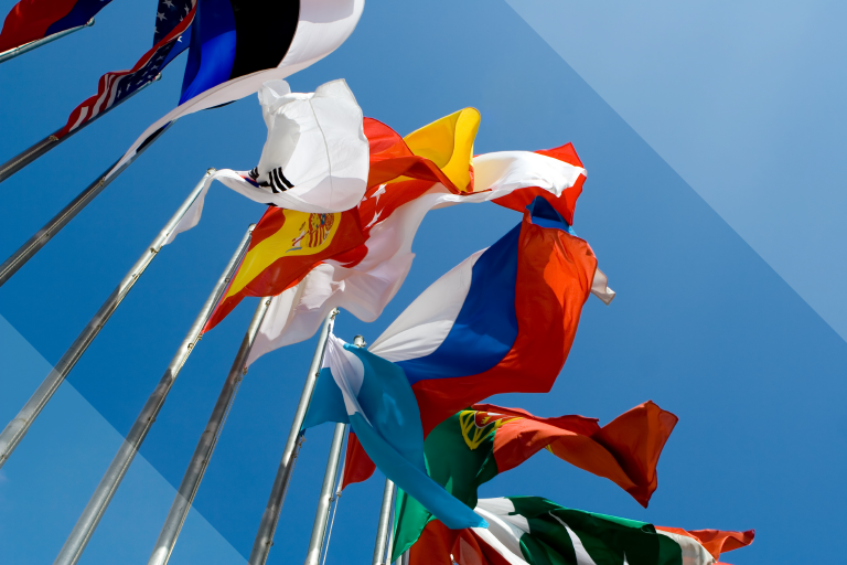 Upward view of photograph of flags from different countries. Iterable overlays on top right and bottom left corners.