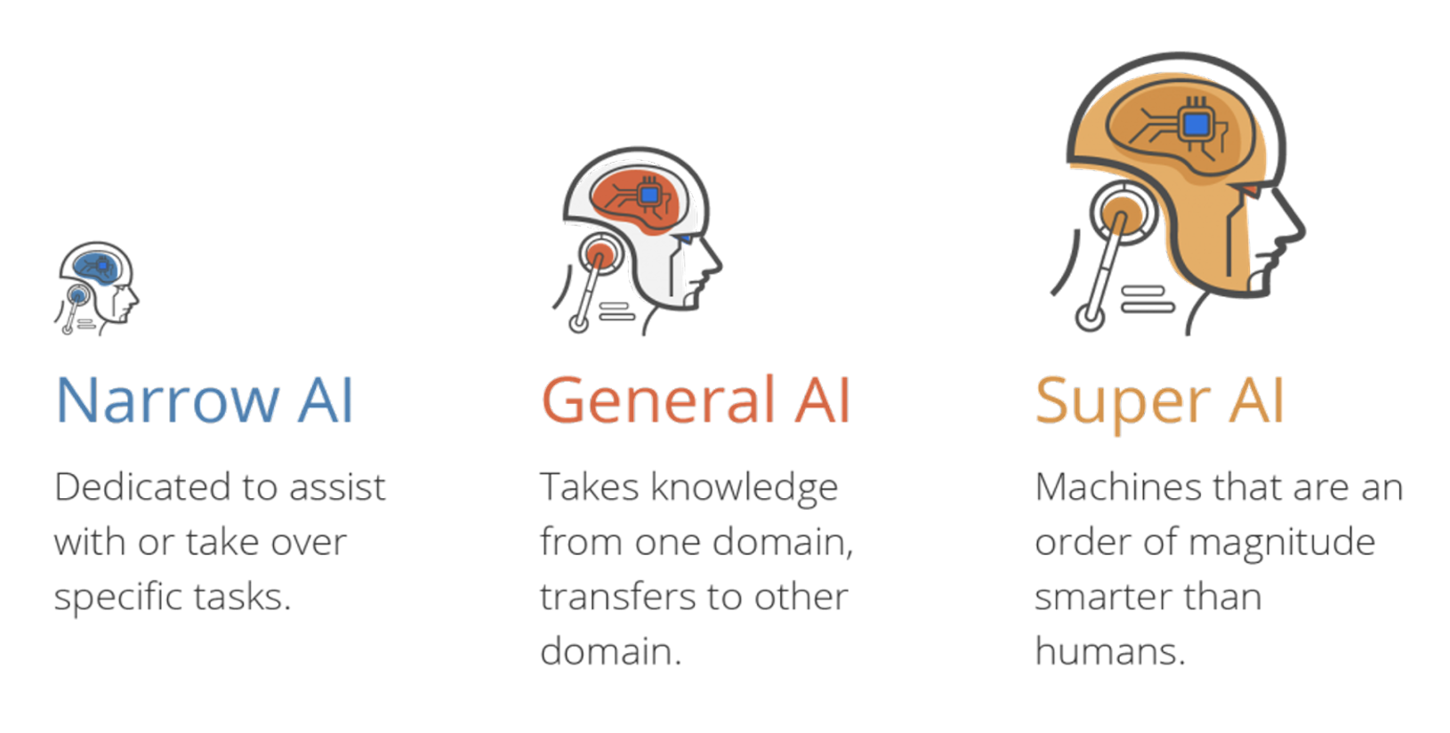 Three profile views of heads, brains visible. From left to right the heads get larger and go from narrow AI to super AI.